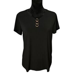 Blue‎ Mood Black Top Medium Gold Hardware Neck Minimalist Stretch Modern Classic